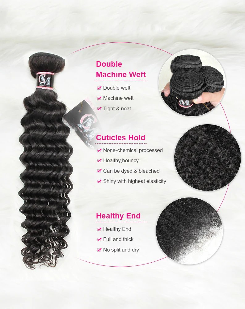 CurlyMe Deep Wave Virgin Human Hair 4 Bundles with 4x4/5x5 Closure Natural Black - Image 3