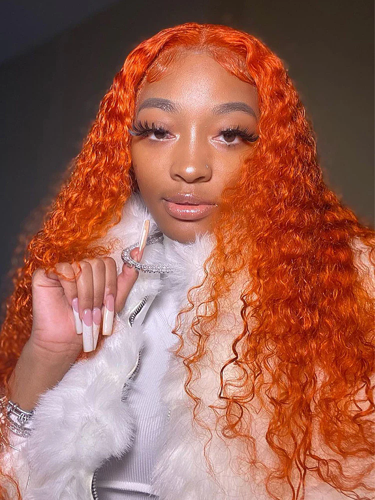 CurlyMe Bright Orange Water Wave Hair 13x4 Lace Front Wigs Pre Plucked - Image 2