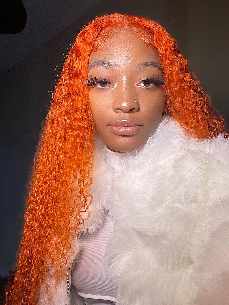 CurlyMe Bright Orange Water Wave Hair 13x4 Lace Front Wigs Pre Plucked - Image 3
