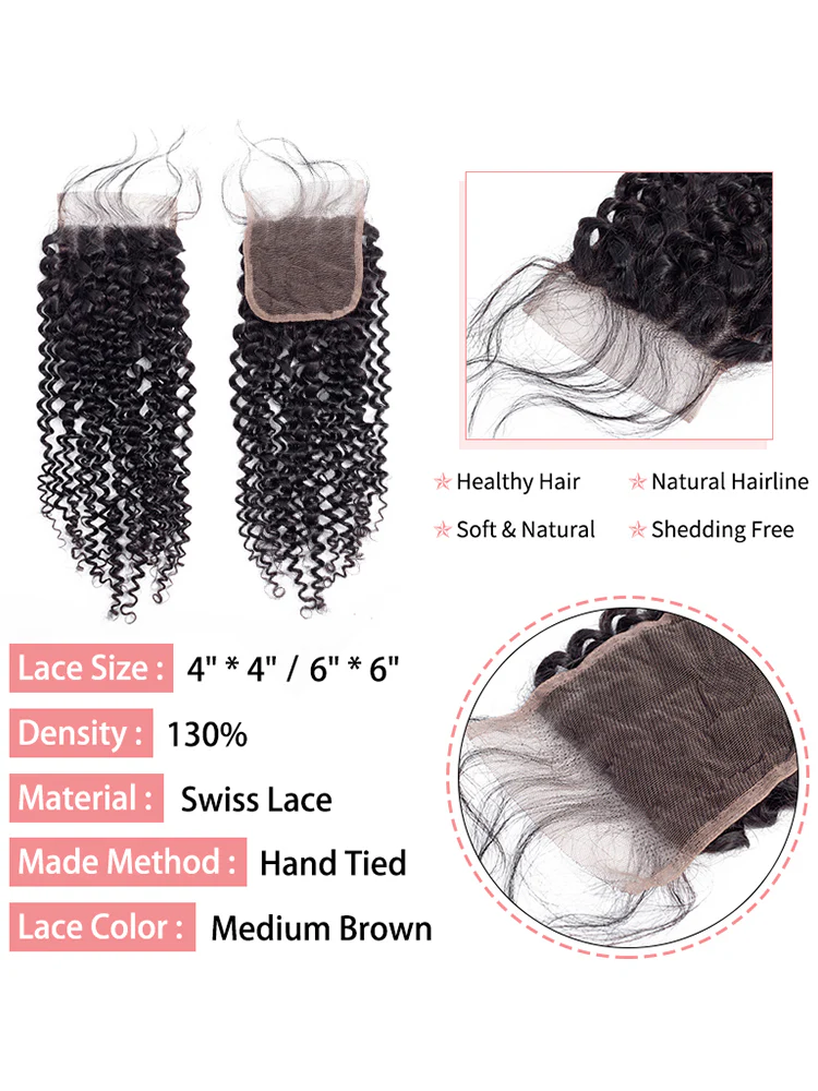 CurlyMe Kinky Curly Virgin Human Hair 3 Bundles With 4x4 Closure Natural Black - Image 5