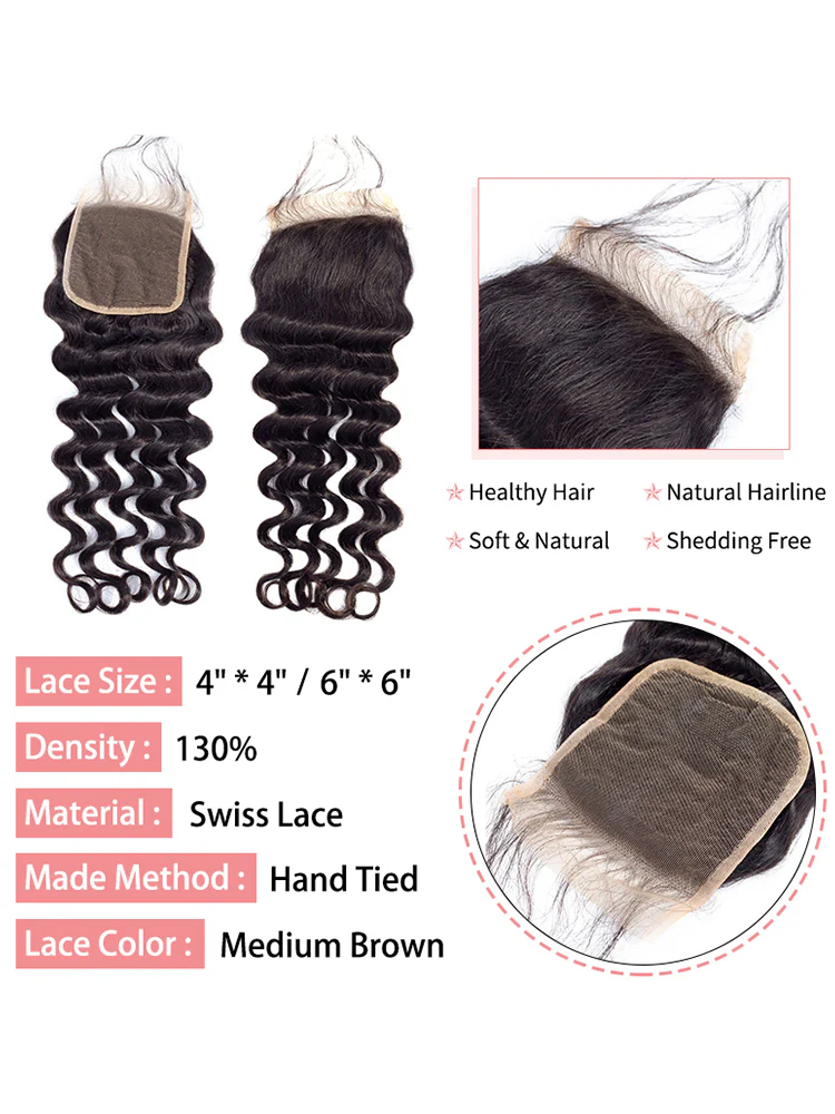 CurlyMe Loose Deep Virgin Human Hair 3 Bundles With 4x4 Closure Natural Black - Image 5