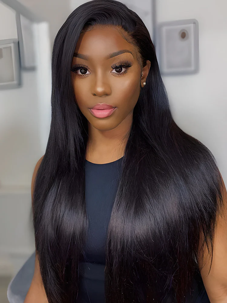 CurlyMe Straight Virgin Human Hair 3 Bundles With 13x4 Frontal Natural Black - Image 3
