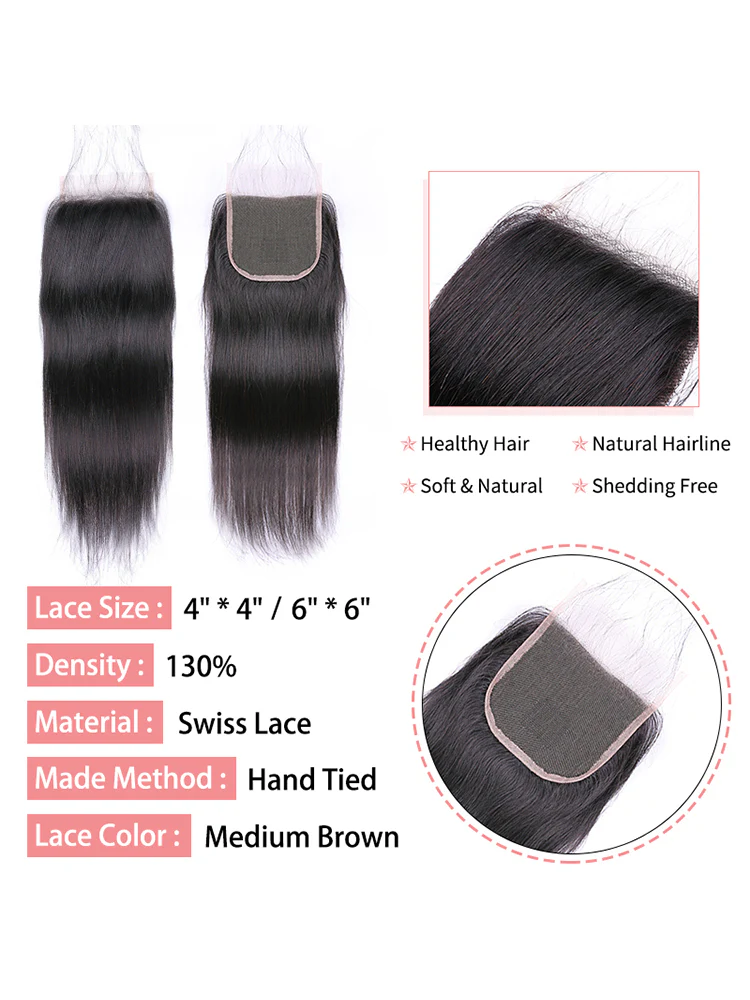 CurlyMe Straight Virgin Human Hair 3 Bundles With 4x4 Closure Natural Black - Image 6
