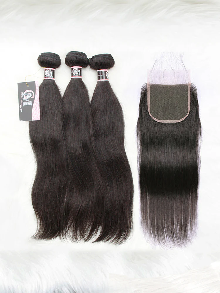 CurlyMe Straight Virgin Human Hair 4 Bundles with 4x4 Closure Natural Black - Image 7