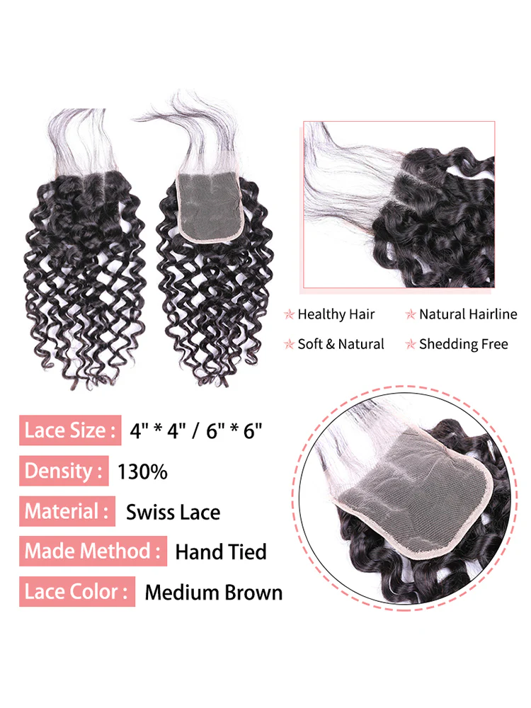 CurlyMe Water Wave Virgin Human Hair 3 Bundles With 4x4 Closure Natural Black - Image 4