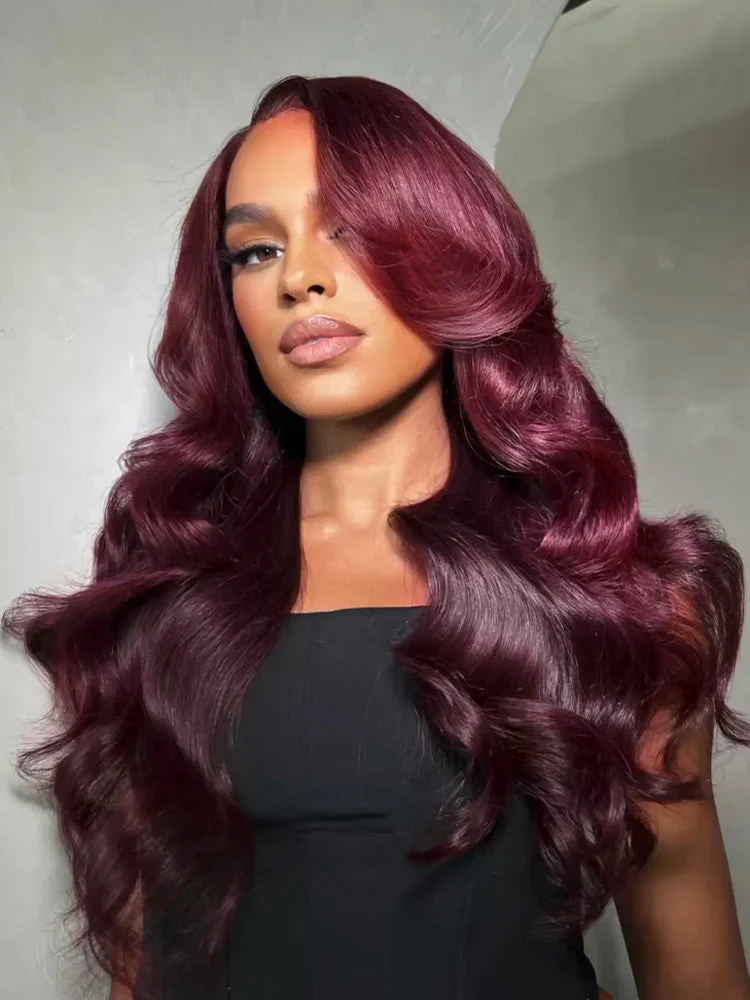 CurlyMe Layered Cut 99J Burgundy Color Body Wave Wear Go Glueless 7x5 Lace Wigs Human Hair Wigs - Image 3