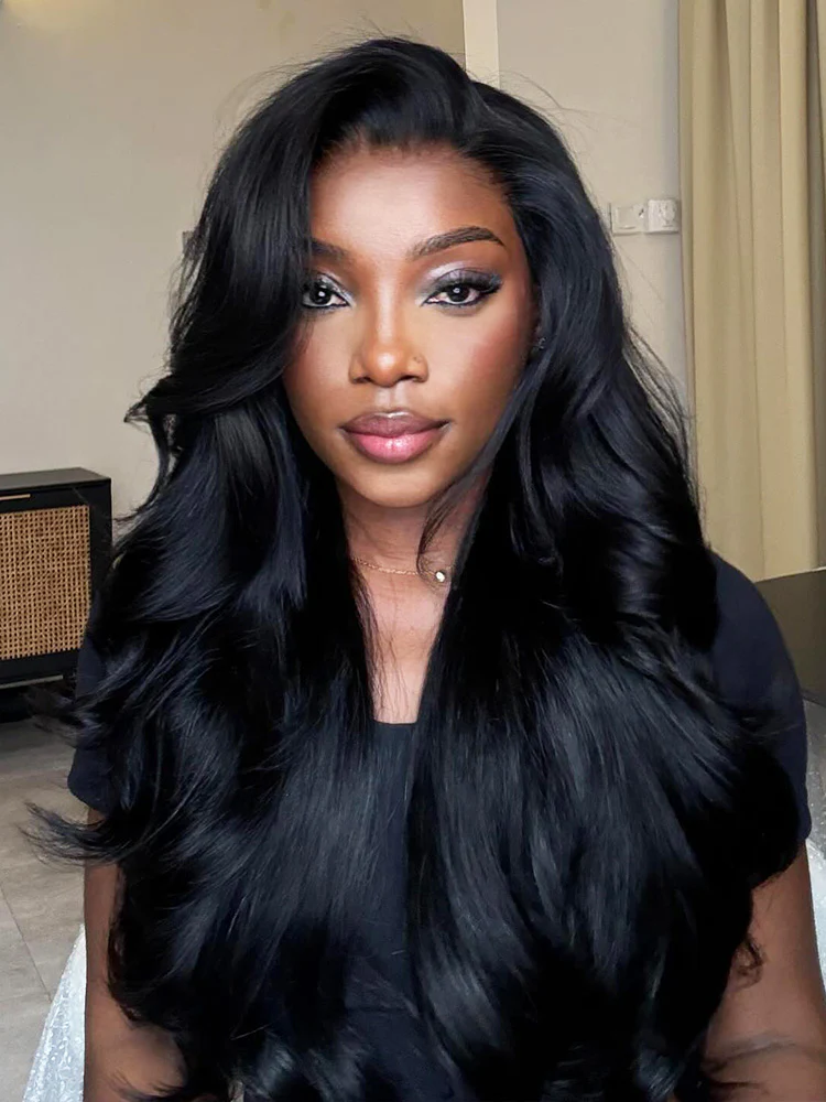 CurlyMe Wear Go Natural Black Color Face-Framing Layered Cut Body Wave Wig Pre-Cut Lace Glueless Wigs - Image 2