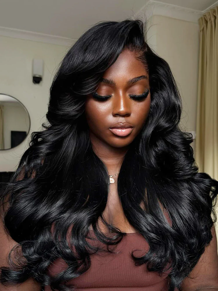 CurlyMe Wear Go Natural Black Color Face-Framing Layered Cut Body Wave Wig Pre-Cut Lace Glueless Wigs - Image 3