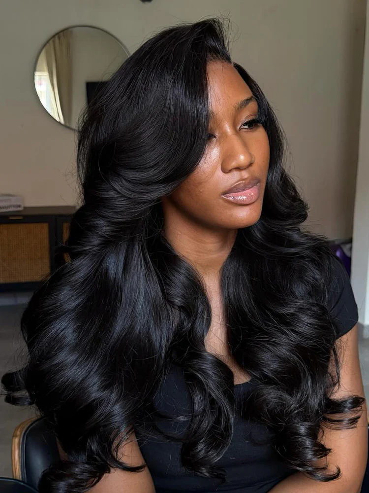 CurlyMe Wear Go Natural Black Color Face-Framing Layered Cut Body Wave Wig Pre-Cut Lace Glueless Wigs - Image 5
