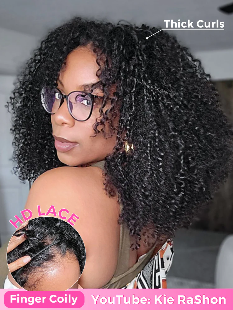 CurlyMe Pre-style Finger Coily 250% Thick Curls Wear Go Glueless Wig 7x5 Pre-cut HD Lace Wig Pre-plucked