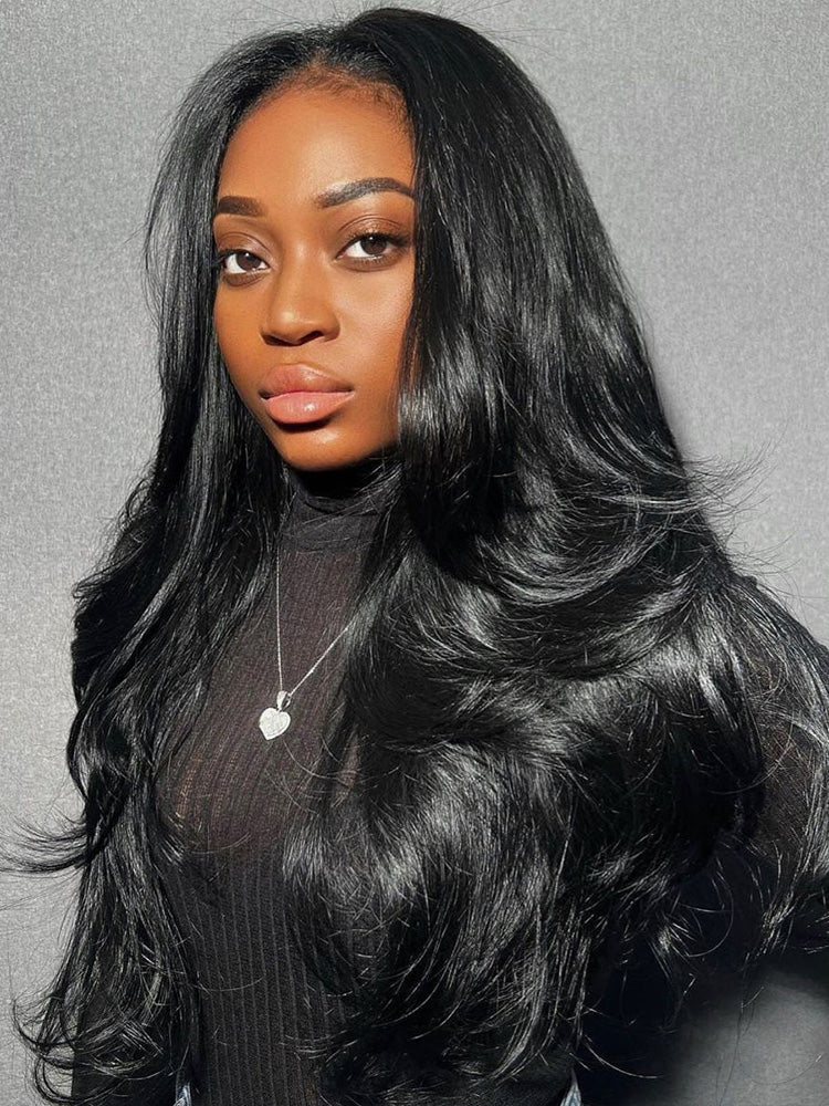 CurlyMe Pre-Styled Butterfly Cut Layer Natural Black Yaki Straight 9x6 HD Lace Wear Go Glueless Wig