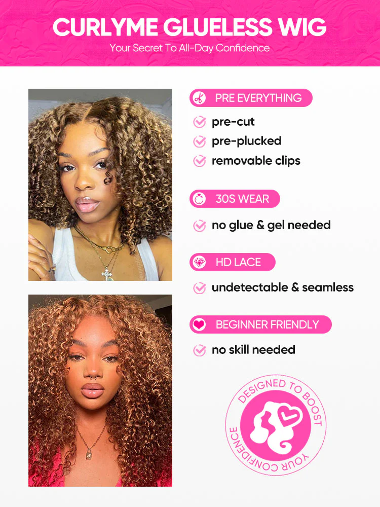CurlyMe Highlights Ombre Kinky Curly Glueless Bob Wig Wear Go 7x5 Pre Cut  Lace Wig - Image 9