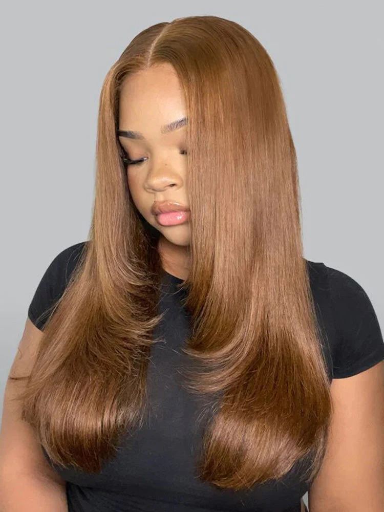 CurlyMe Chestnut Brown Layered Cut Straight Human Hair 7x5 Pre-Cut Lace Wear Go Wig 100% Human Hair - Image 2