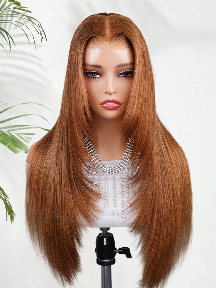 CurlyMe Chestnut Brown Layered Cut Straight Human Hair 7x5 Pre-Cut Lace Wear Go Wig 100% Human Hair - Image 5