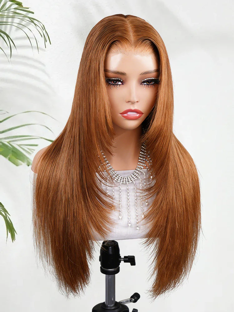 CurlyMe Chestnut Brown Layered Cut Straight Human Hair 7x5 Pre-Cut Lace Wear Go Wig 100% Human Hair - Image 6