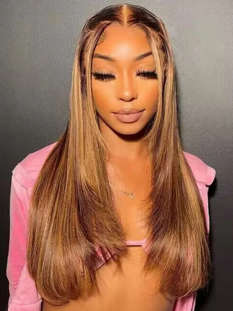 CurlyMe Layered Cut Straight Brown Highlight Ombre Pre-cut Lace Wear Go Glueless Wig - Image 2