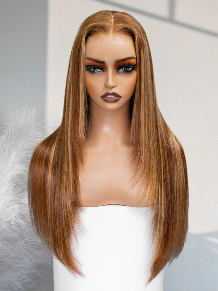 CurlyMe Layered Cut Straight Brown Highlight Ombre Pre-cut Lace Wear Go Glueless Wig - Image 4