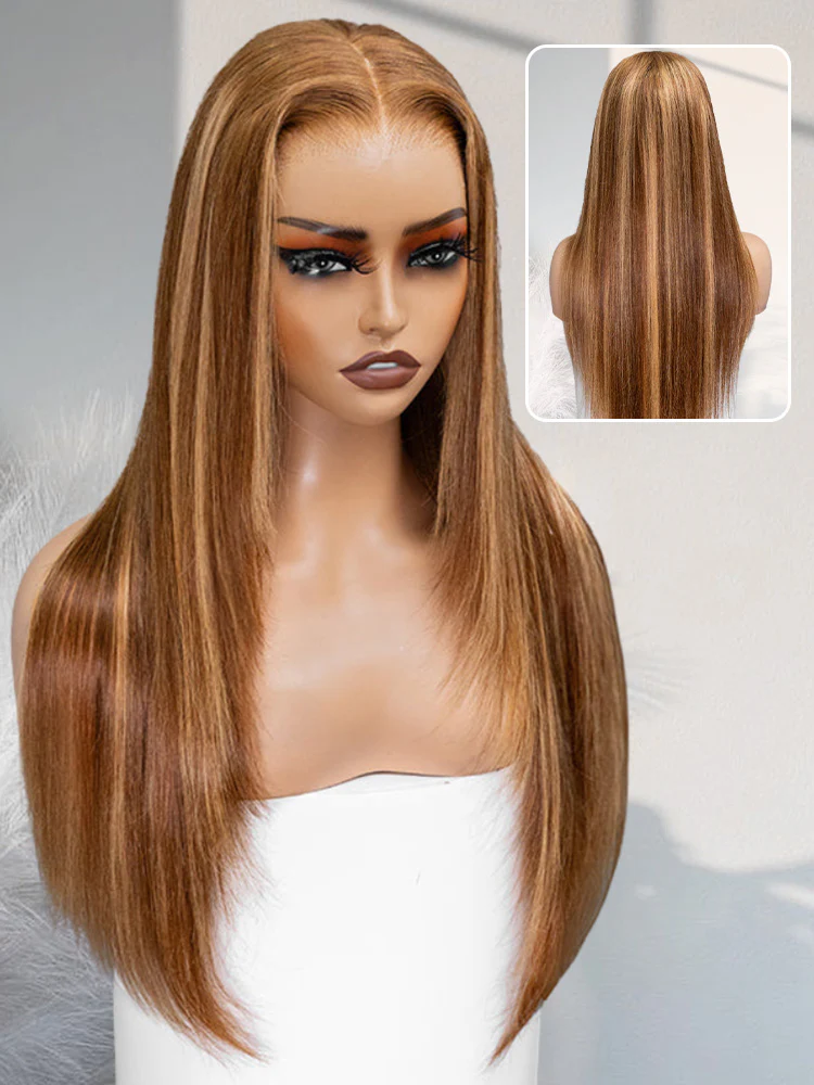 CurlyMe Layered Cut Straight Brown Highlight Ombre Pre-cut Lace Wear Go Glueless Wig - Image 5