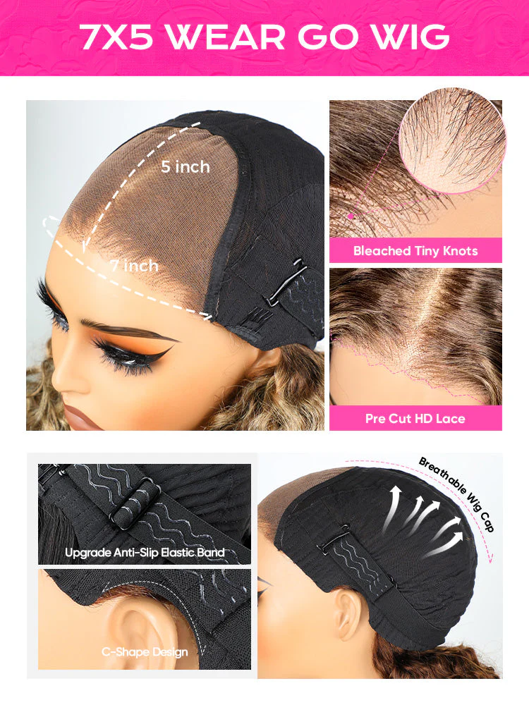 CurlyMe Layered Cut Straight Brown Highlight Ombre Pre-cut Lace Wear Go Glueless Wig - Image 6