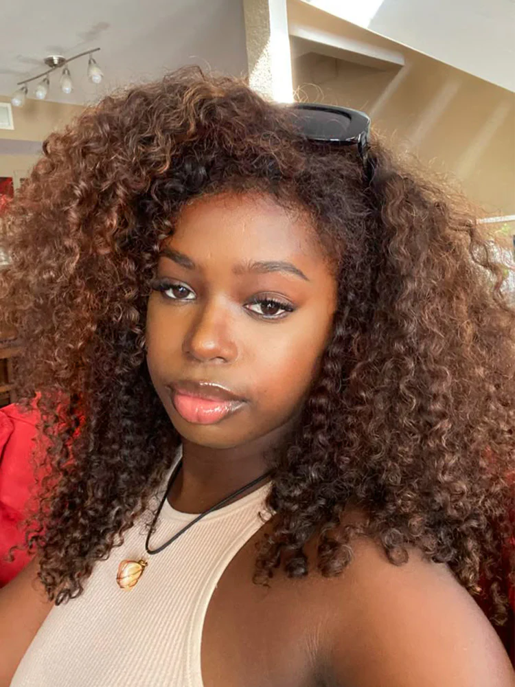 CurlyMe Layered Ombre Brown Pre-Styled Curly Bob Kinky Curly Wig Pre-Cut 7x5 Glueless Wig - Image 3