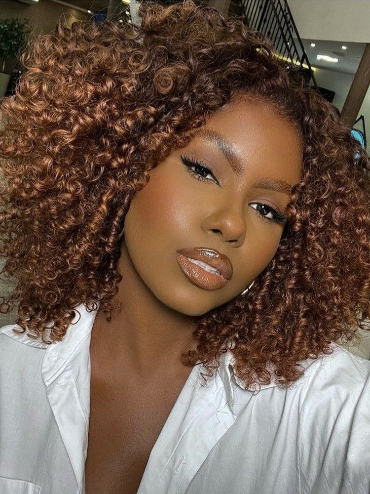 CurlyMe Layered Ombre Brown Pre-Styled Curly Bob Kinky Curly Wig Pre-Cut 7x5 Glueless Wig - Image 4
