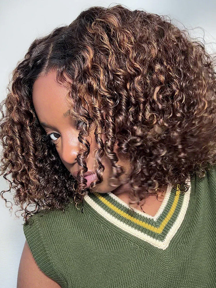 CurlyMe Ombre Highlight Brown Bob Water Wave Wear Go Wig Pre-Cut 7x5 Glueless Wig - Image 2
