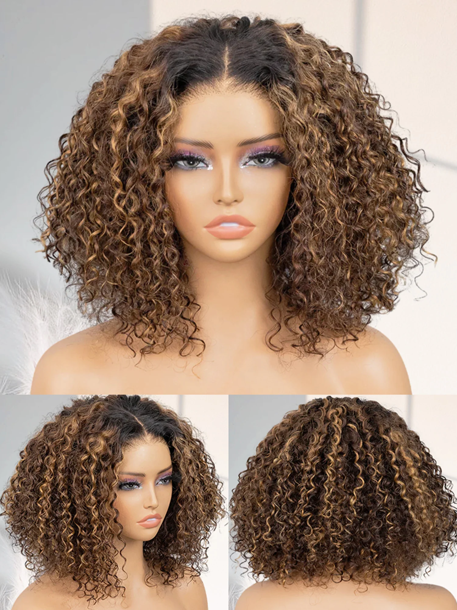 CurlyMe Ombre Highlight Brown Bob Water Wave Wear Go Wig Pre-Cut 7x5 Glueless Wig - Image 3