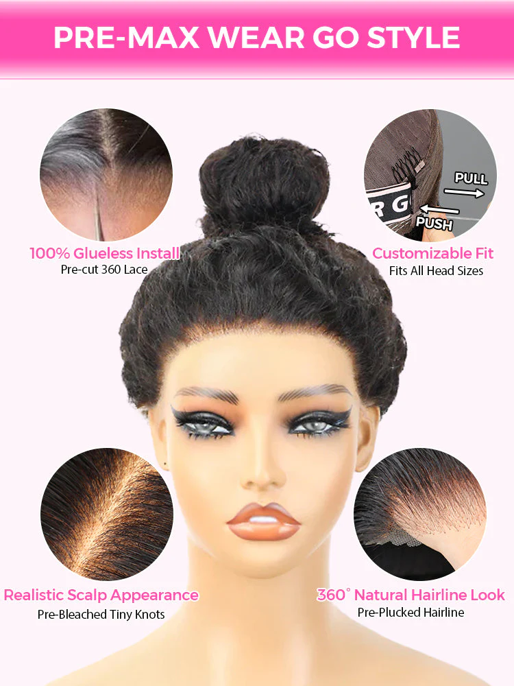 CurlyMe 360 Fit Wig Pre-Bleached Kinky Straight Human Hair Pre-Cut 360 Lace Wear Go Glueless Wig Pre-Plucked - Image 9