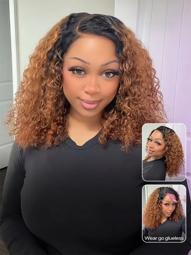 CurlyMe Blonde Water Wave Human Hair Wig with Black Roots 7x5 Pre-Cut Lace Wear Go Wig 100% Human Hair - Image 2