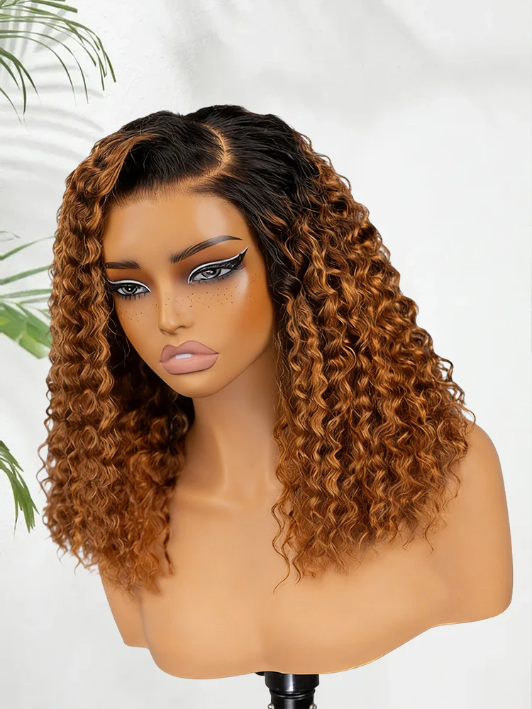 CurlyMe Blonde Water Wave Human Hair Wig with Black Roots 7x5 Pre-Cut Lace Wear Go Wig 100% Human Hair - Image 4