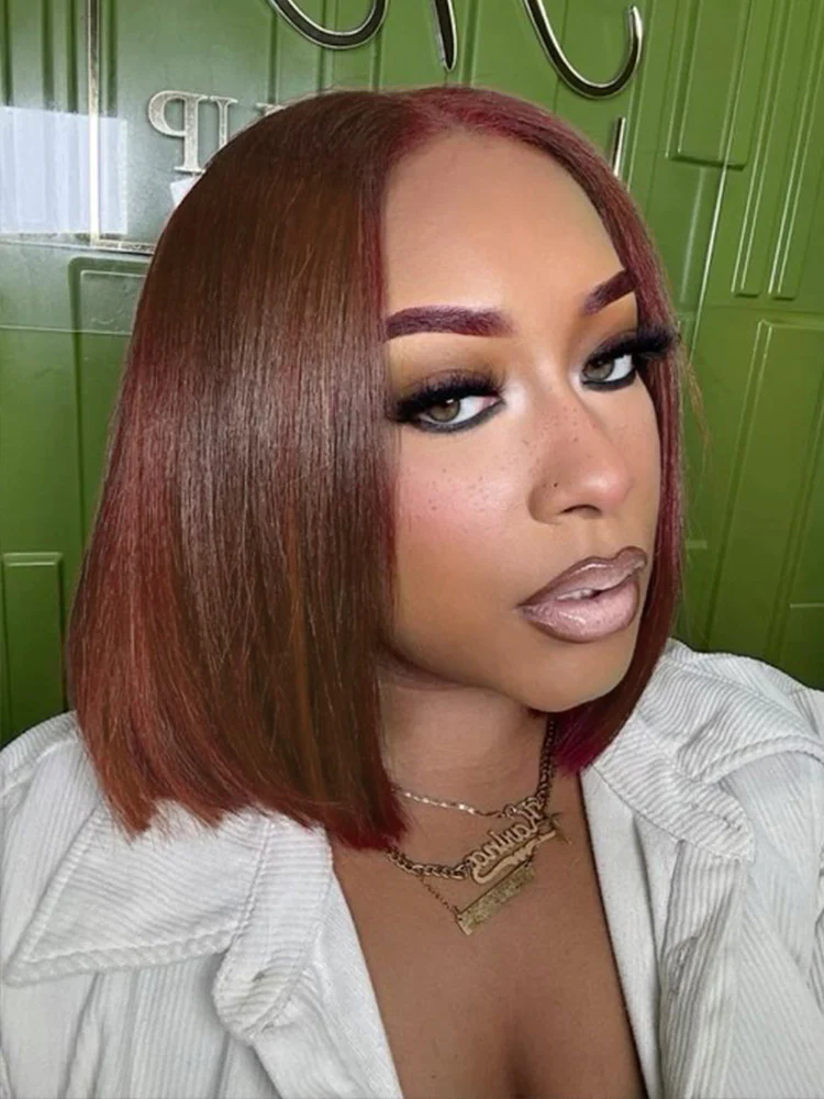 CurlyMe Reddish Brown Color Wear Go Straight Pre-Cut Lace Bob Glueless Wig - Image 3