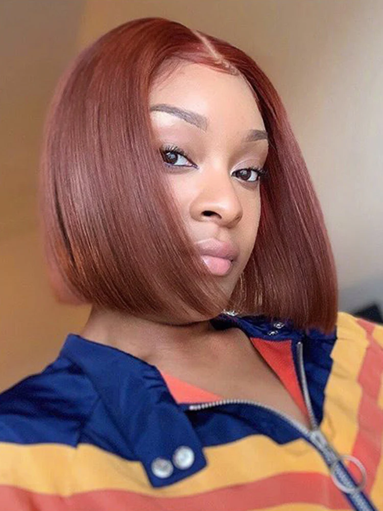 CurlyMe Reddish Brown Color Wear Go Straight Pre-Cut Lace Bob Glueless Wig - Image 4