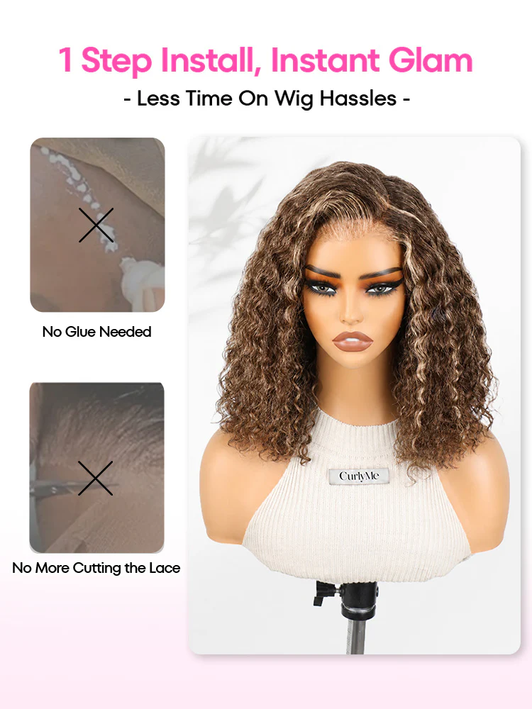 CurlyMe Wear Go Water Wave Bob Wig Blonde Highlights Chocolate Brown Pre-Cut 7x5 Lace Glueless Wig Snug Fit Human Hair Wig - Image 3