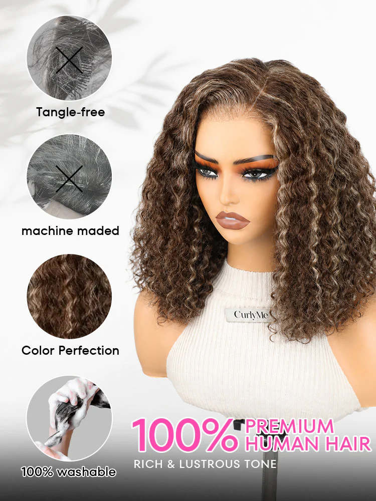 CurlyMe Wear Go Water Wave Bob Wig Blonde Highlights Chocolate Brown Pre-Cut 7x5 Lace Glueless Wig Snug Fit Human Hair Wig - Image 4