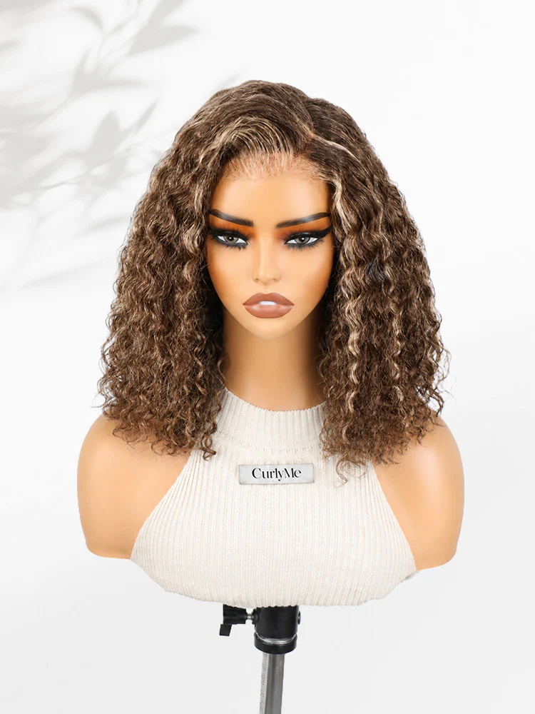 CurlyMe Wear Go Water Wave Bob Wig Blonde Highlights Chocolate Brown Pre-Cut 7x5 Lace Glueless Wig Snug Fit Human Hair Wig - Image 5