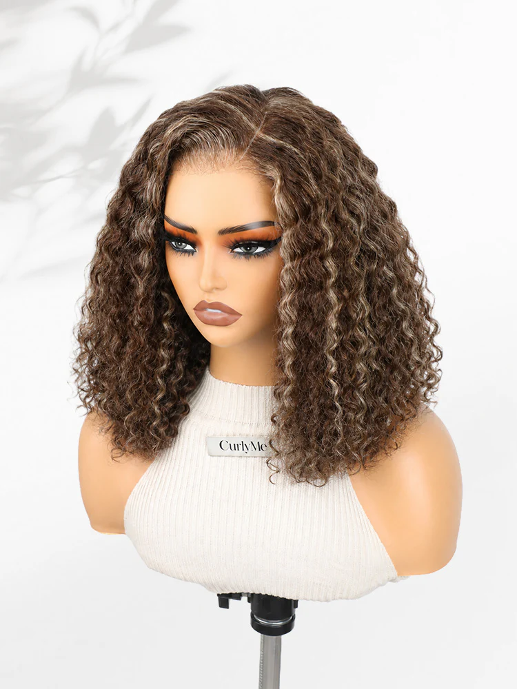 CurlyMe Wear Go Water Wave Bob Wig Blonde Highlights Chocolate Brown Pre-Cut 7x5 Lace Glueless Wig Snug Fit Human Hair Wig - Image 6