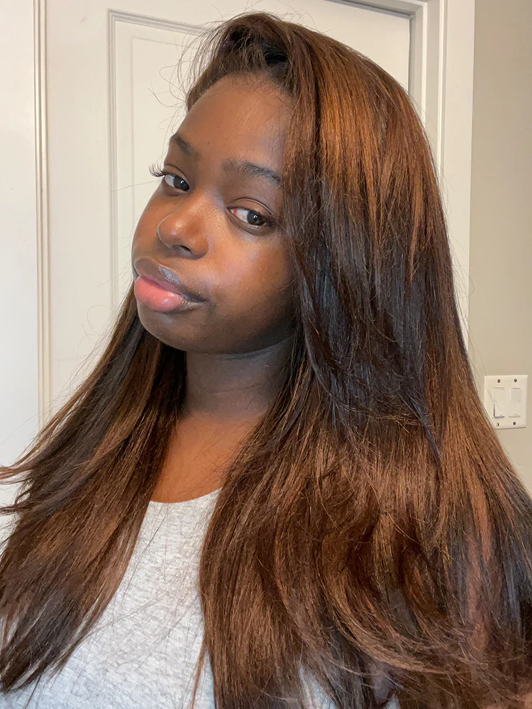 CurlyMe Layered Cut Black to Chestnut Brown Ombre Yaki Straight Hair 7x5 Pre-Cut Swiss Lace Wear Go Glueless Wigs - Image 2