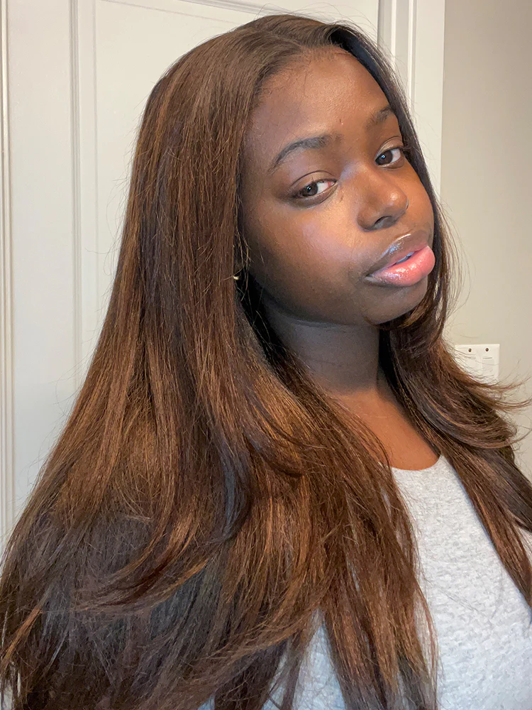 CurlyMe Layered Cut Black to Chestnut Brown Ombre Yaki Straight Hair 7x5 Pre-Cut Swiss Lace Wear Go Glueless Wigs - Image 3