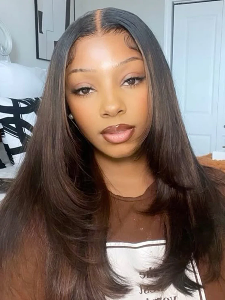 CurlyMe Layered Cut Black to Chestnut Brown Ombre Yaki Straight Hair 7x5 Pre-Cut Swiss Lace Wear Go Glueless Wigs - Image 4